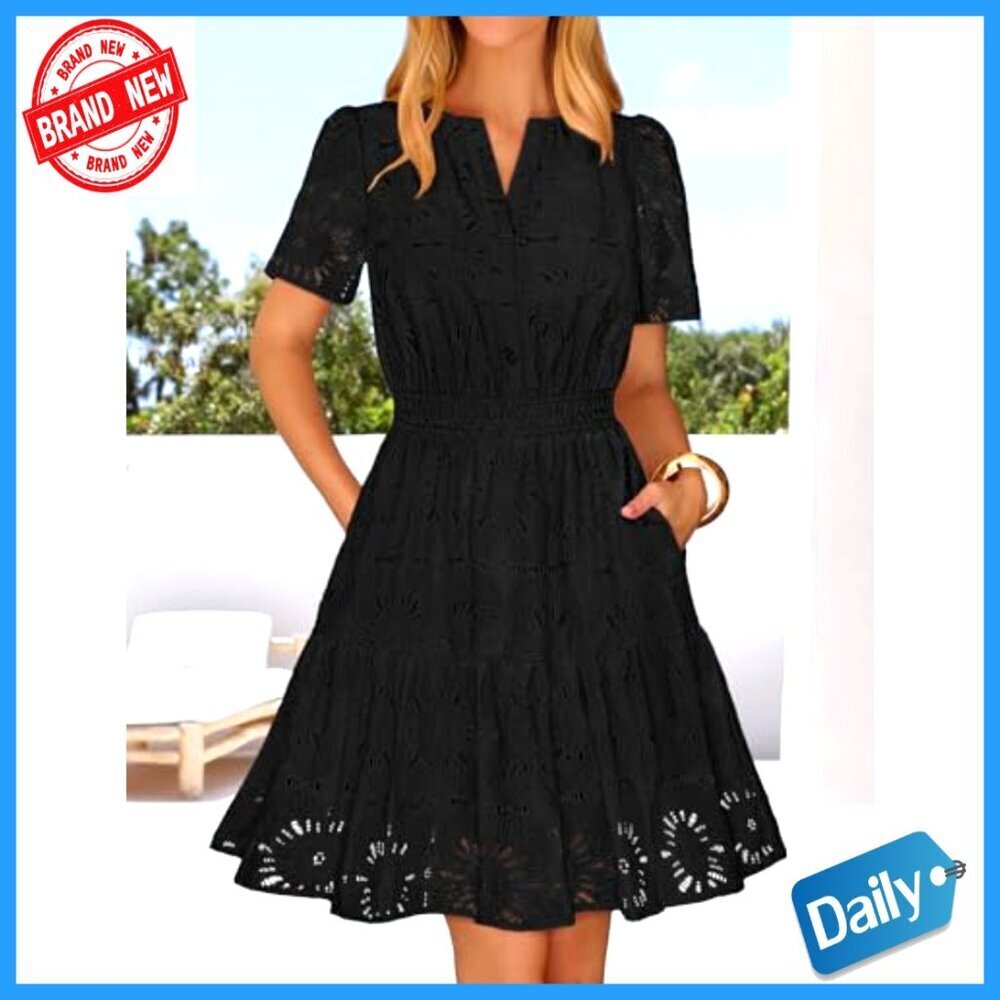 Lace Eyelet Mini Dress with Puff Sleeves and Side Pockets - Picture 2 of 7